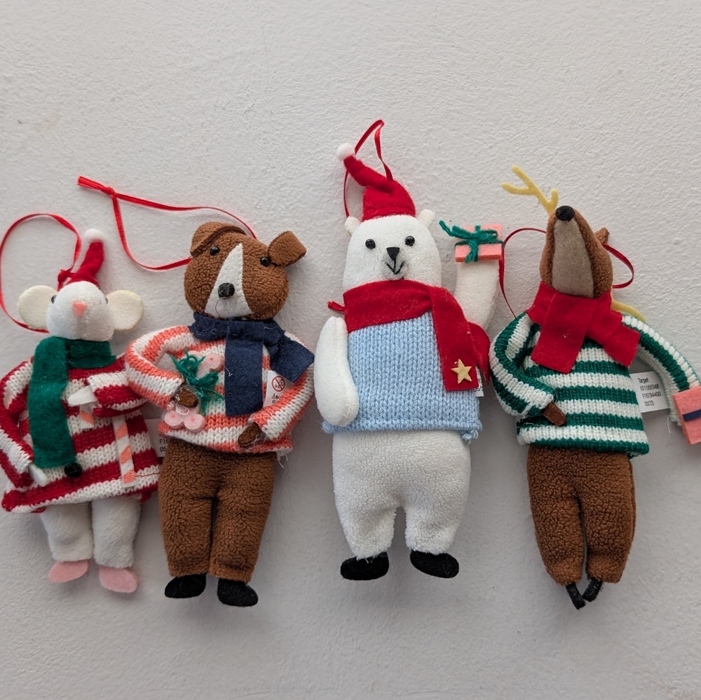 Wondershop Felt Ornaments Dog Deer Mouse Polar Bear Sweaters 2023 4 Pieces